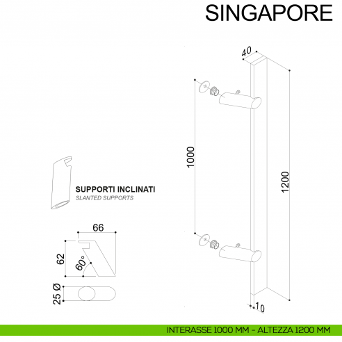Maniglione in acciaio squadrato zancato per porta 40x10 mm Singapore Fimet Inox disegno interasse 1000 mm altezza 1200 mm