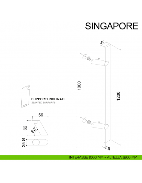 Maniglione in acciaio squadrato zancato per porta 40x10 mm Singapore Fimet Inox disegno interasse 1000 mm altezza 1200 mm