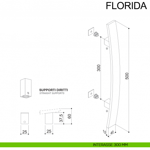 Maniglione in acciaio squadrato per porta 40x10 mm Florida Fimet Inox disegno interasse 300 mm