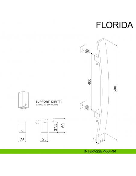 Maniglione in acciaio squadrato per porta 40x10 mm Florida Fimet Inox disegno interasse 400 mm