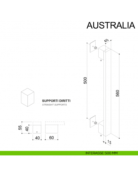 Maniglione dritto in acciaio quadrato per porta 40x15 mm Australia Fimet Inox disegno interasse 500 mm