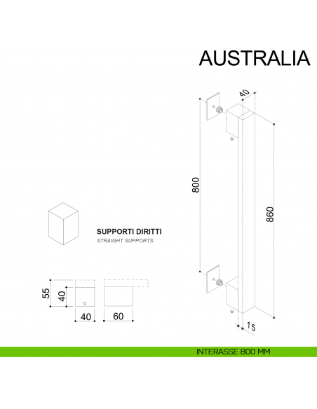 Maniglione dritto in acciaio quadrato per porta 40x15 mm Australia Fimet Inox disegno interasse 800 mm