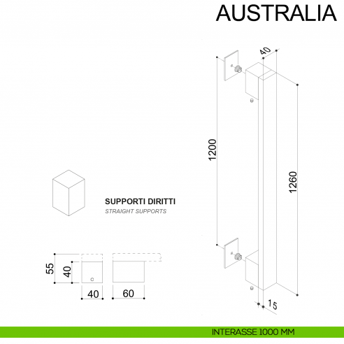 Maniglione dritto in acciaio quadrato per porta 40x15 mm Australia Fimet Inox disegno interasse 1200 mm