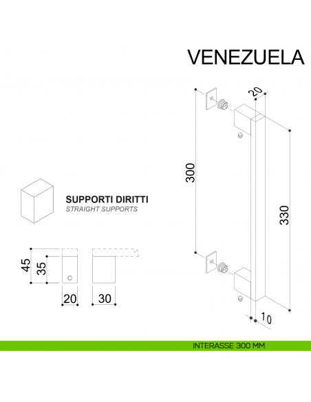 Maniglione squadrato dritto in acciaio per porta 20x10 mm Venezuela Fimet Inox disegno interasse 300 mm