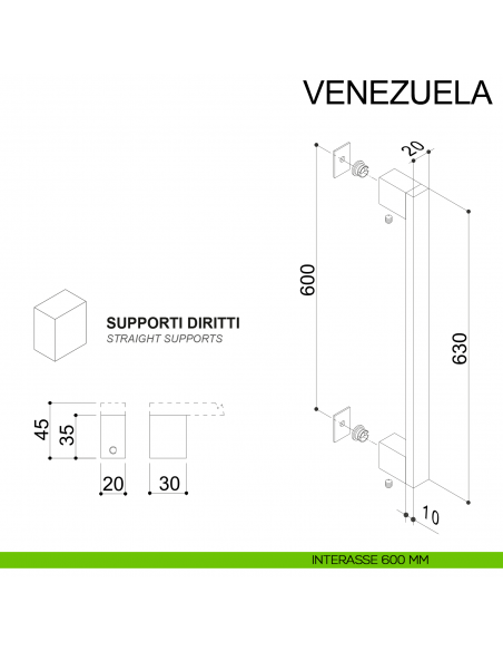 Maniglione squadrato dritto in acciaio per porta 20x10 mm Venezuela Fimet Inox disegno interasse 600 mm