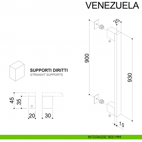 Maniglione squadrato dritto in acciaio per porta 20x10 mm Venezuela Fimet Inox disegno interasse 900 mm