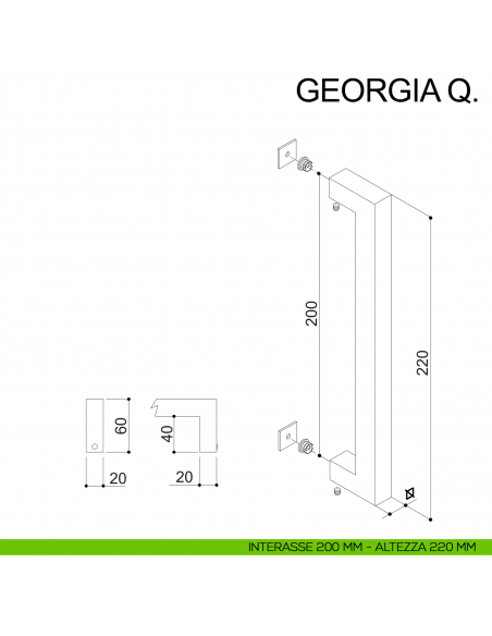 Maniglione in acciaio quadrato dritto per porta 20x20 mm Georgia Q Fimet Inox disegno interasse 200 mm