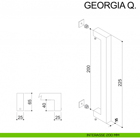 Maniglione dritto in acciaio squadrato per porta 25x25 mm Georgia Q Fimet Inox disegno interasse 200 mm