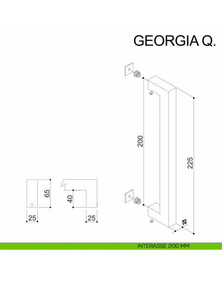 Maniglione dritto in acciaio squadrato per porta 25x25 mm Georgia Q Fimet Inox disegno interasse 200 mm
