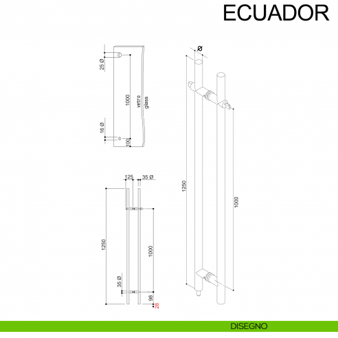 Maniglione accoppiato in acciaio con chiave per porta in vetro Ecuador Fimet Inox disegno