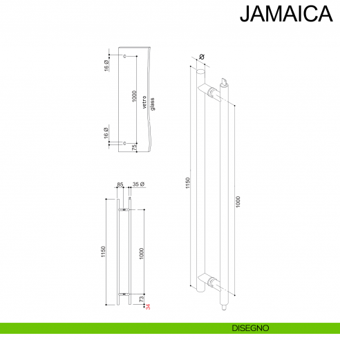 Maniglione in acciaio accoppiato con chiave per porta in vetro Jamaica Fimet Inox disegno