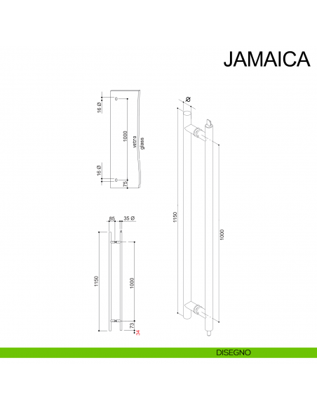 Maniglione in acciaio accoppiato con chiave per porta in vetro Jamaica Fimet Inox disegno