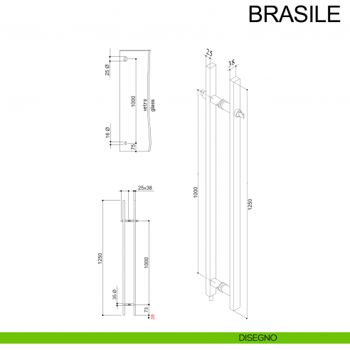 Maniglione con chiave accoppiato in acciaio per porta in vetro Brasile Fimet Inox disegno