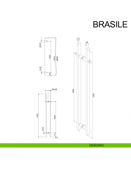 Maniglione con chiave accoppiato in acciaio per porta in vetro Brasile Fimet Inox disegno
