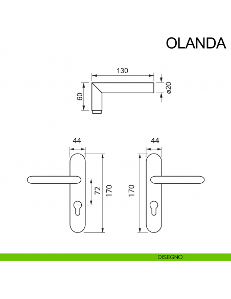 Maniglia tagliafuoco con placca in acciaio per porta foro yale Olanda Fimet Inox disegno