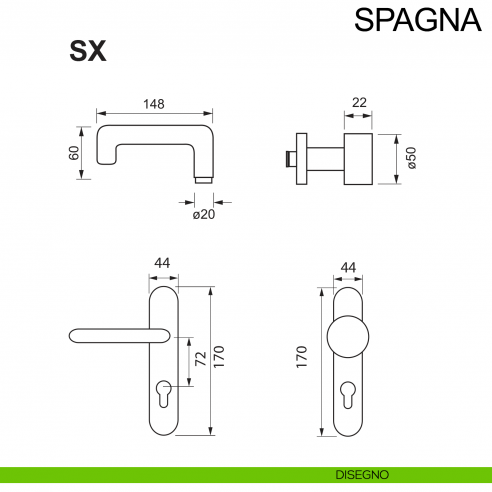 Maniglia con placca e pomolo fisso in acciaio per porta tagliafuoco foro yale Spagna Fimet Inox disegno impugnatura sinistra