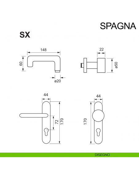 Maniglia con placca e pomolo fisso in acciaio per porta tagliafuoco foro yale Spagna Fimet Inox disegno impugnatura sinistra