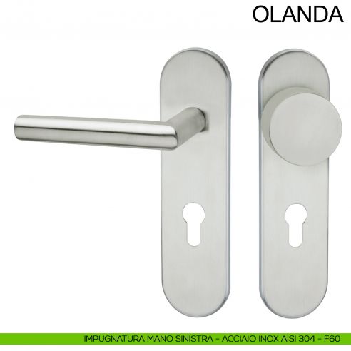 Maniglia antincendio con placca e pomolo fisso in acciaio per porta foro yale Olanda Fimet Inox acciaio AISI 304 sinistra