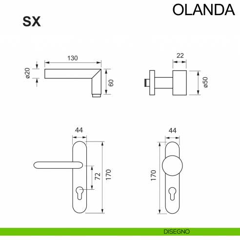 Maniglia antincendio con placca e pomolo fisso in acciaio per porta foro yale Olanda Fimet Inox disegno impugnatura sinistra