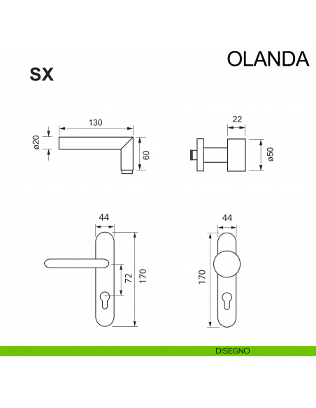 Maniglia antincendio con placca e pomolo fisso in acciaio per porta foro yale Olanda Fimet Inox disegno impugnatura sinistra