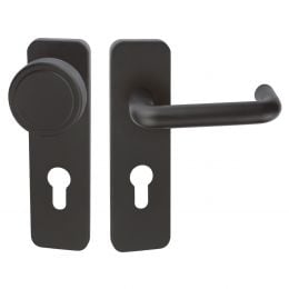 Maniglia nera tagliafuoco con placca e pomolo fisso in acciaio per porta foro yale Spagna Fimet Inox