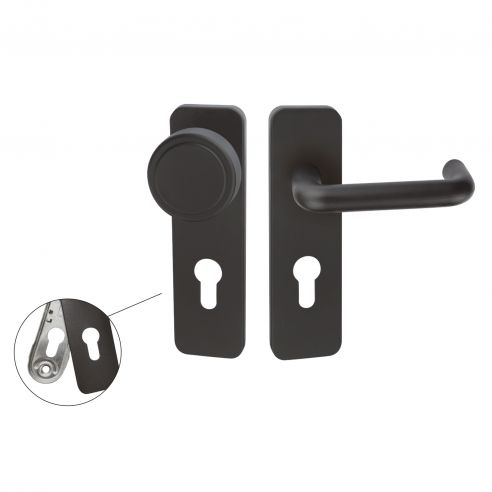 Maniglia nera tagliafuoco con placca e pomolo fisso in acciaio per porta foro yale Spagna Fimet Inox dettaglio