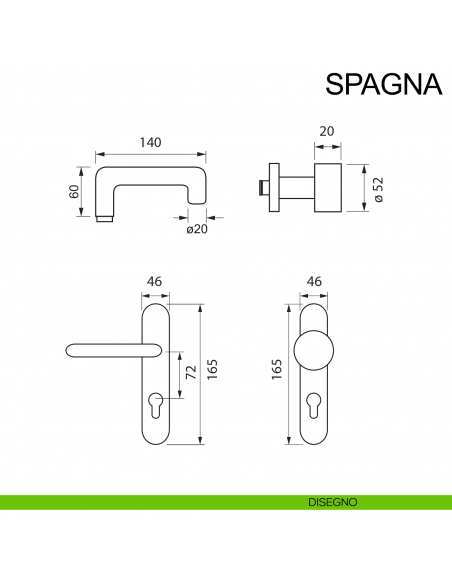 Maniglia nera tagliafuoco con placca e pomolo fisso in acciaio per porta foro yale Spagna Fimet Inox disegno
