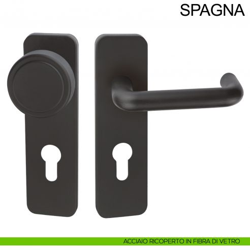 Maniglia nera tagliafuoco con placca e pomolo fisso in acciaio per porta foro yale Spagna Fimet Inox fibra di vetro