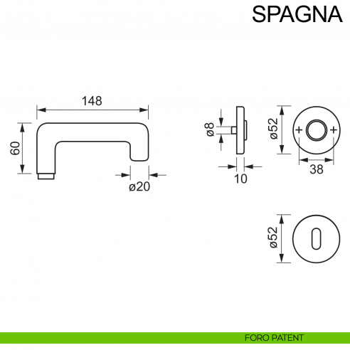 Maniglia in acciaio per porta Spagna Fimet Inox disegno foro patent