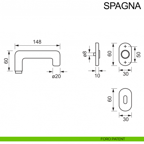 Maniglia in acciaio per porta Spagna Fimet Inox rosetta ovale disegno foro patent