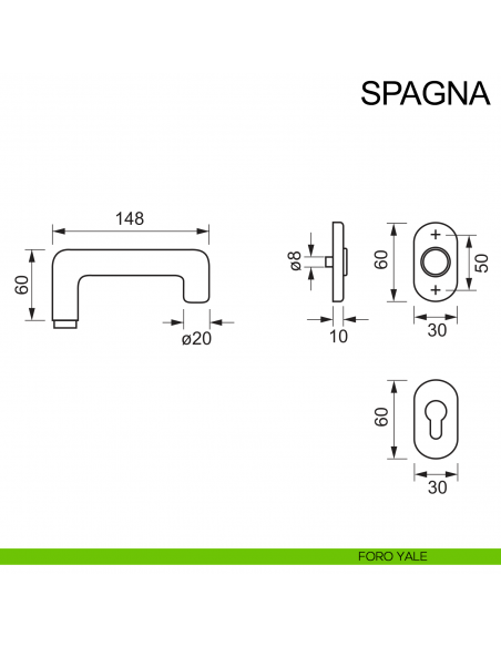 Maniglia in acciaio per porta Spagna Fimet Inox rosetta ovale disegno foro yale