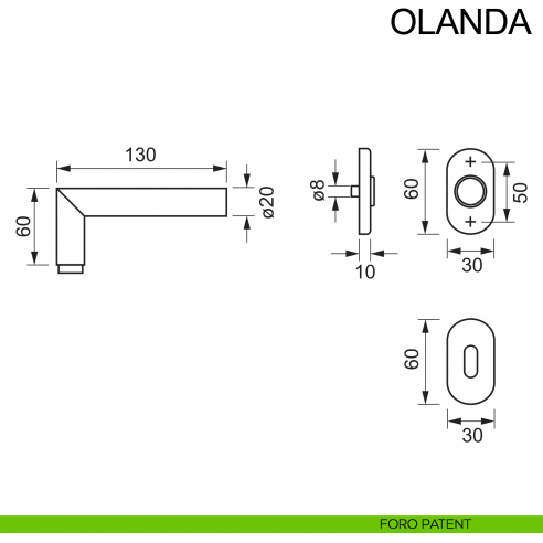 Maniglia in acciaio con rosetta ovale per porta Olanda Fimet Inox disegno foro patent