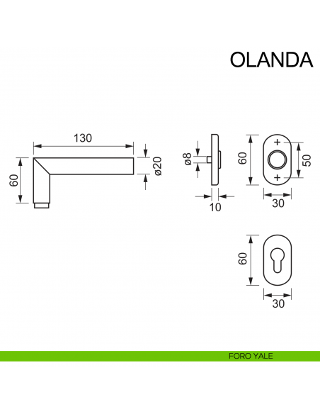 Maniglia in acciaio con rosetta ovale per porta Olanda Fimet Inox disegno foro yale