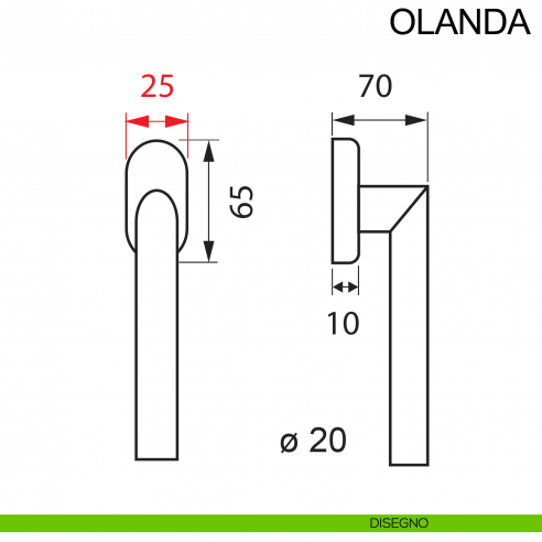 Maniglia per finestra con rosetta stretta in acciaio DK Olanda Fimet Inox disegno
