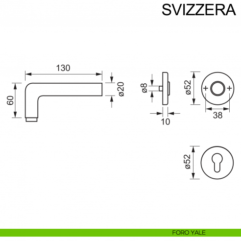 Maniglia in acciaio per porta Svizzera Fimet Inox disegno foro yale
