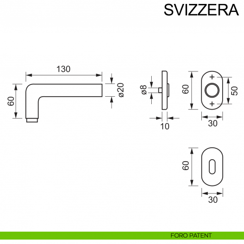 Maniglia con rosetta ovale in acciaio per porta Svizzera Fimet Inox disegno foro patent