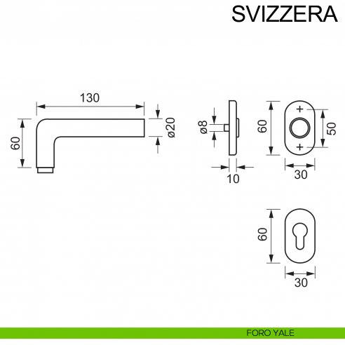 Maniglia con rosetta ovale in acciaio per porta Svizzera Fimet Inox disegno foro yale