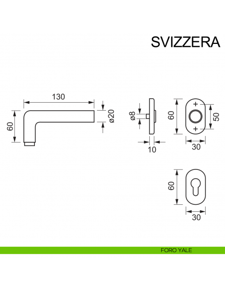 Maniglia con rosetta ovale in acciaio per porta Svizzera Fimet Inox disegno foro yale