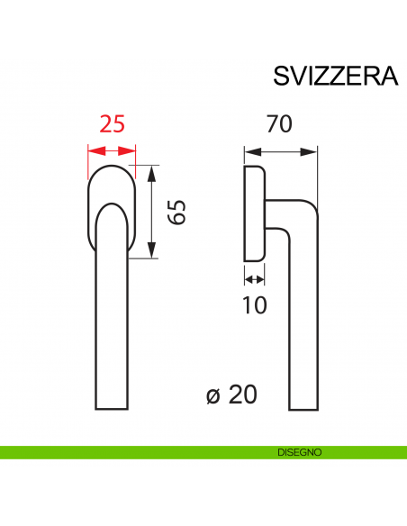 Maniglia con rosetta stretta in acciaio per finestra DK Svizzera Fimet Inox disegno