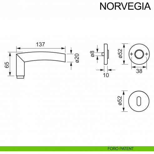 Maniglia in acciaio per porta Norvegia Fimet Inox disegno foro patent
