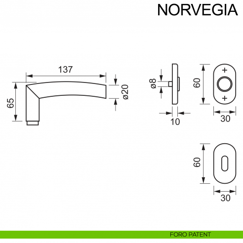 Maniglia in acciaio con rosetta ovale per porta Norvegia Fimet Inox disegno foro patent