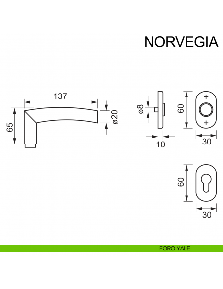 Maniglia in acciaio con rosetta ovale per porta Norvegia Fimet Inox disegno foro yale