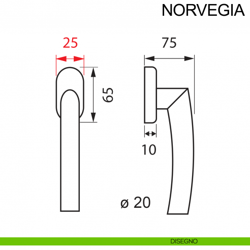 Maniglia con rosetta stretta in acciaio per finestra DK Norvegia Fimet Inox disegno