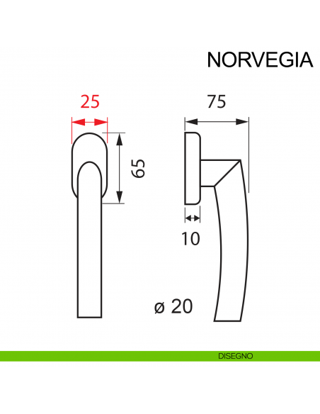Maniglia con rosetta stretta in acciaio per finestra DK Norvegia Fimet Inox disegno