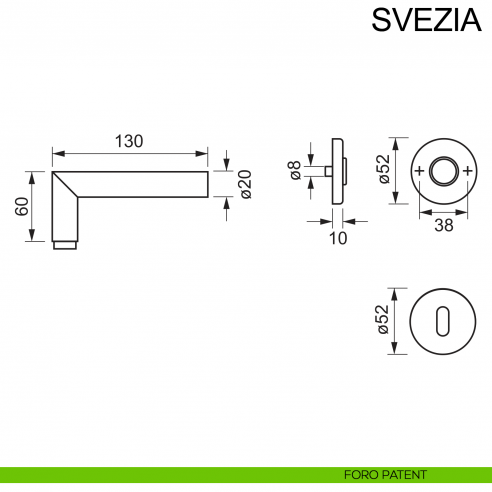 Maniglia in acciaio per porta Svezia Fimet Inox disegno foro patent