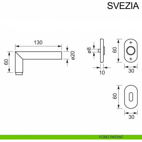 Maniglia con rosetta ovale in acciaio per porta Svezia Fimet Inox disegno foro patent