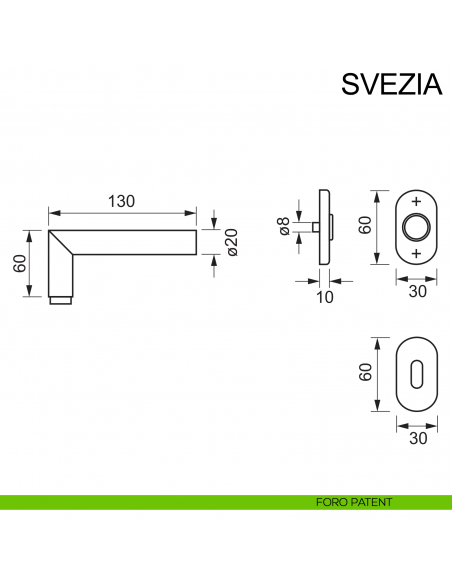 Maniglia con rosetta ovale in acciaio per porta Svezia Fimet Inox disegno foro patent