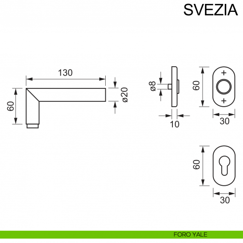 Maniglia con rosetta ovale in acciaio per porta Svezia Fimet Inox disegno foro yale