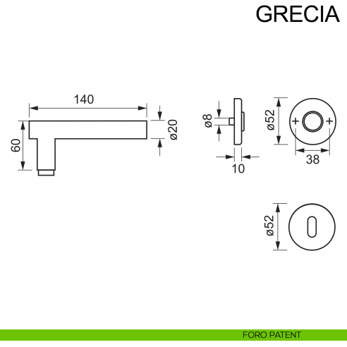 Maniglia in acciaio per porta Grecia Fimet Inox disegno foro patent