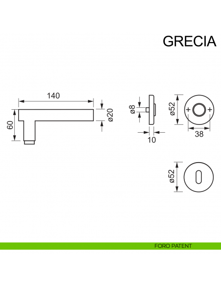 Maniglia in acciaio per porta Grecia Fimet Inox disegno foro patent